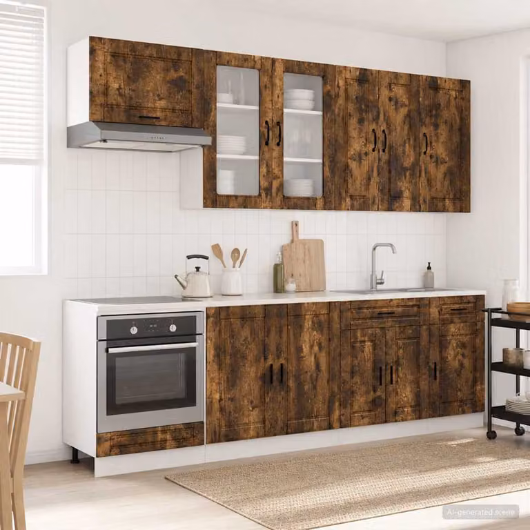 vidaXL Unità Cucina PORTO 8 Pezzi in Legno Rovere Fumo Marrone con Ante e Cassetti