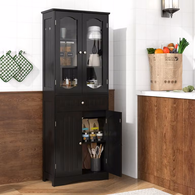 Armadio da bagno e cucina Costway Nero con 2 porte in vetro, 2 ripiani regolabili e 1 cassetto, Altezza: 160 cm