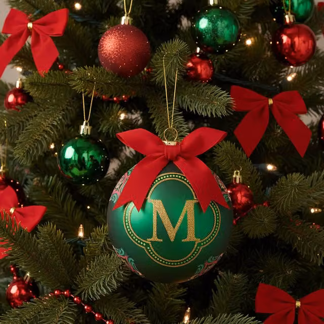 Pallina di Natale con lettera M Kasanova, decorazione in vetro rossa, oro e verde, diametro 10 cm