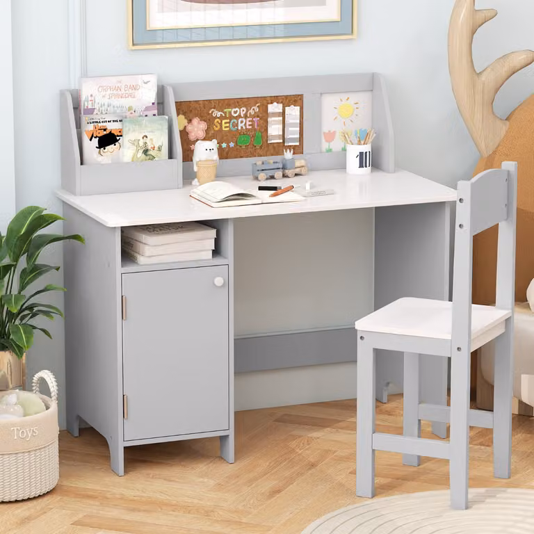 Set di scrivania e sedia per bambini Costway in legno con scaffale e armadietto, Postazione di scrittura moderna Grigio