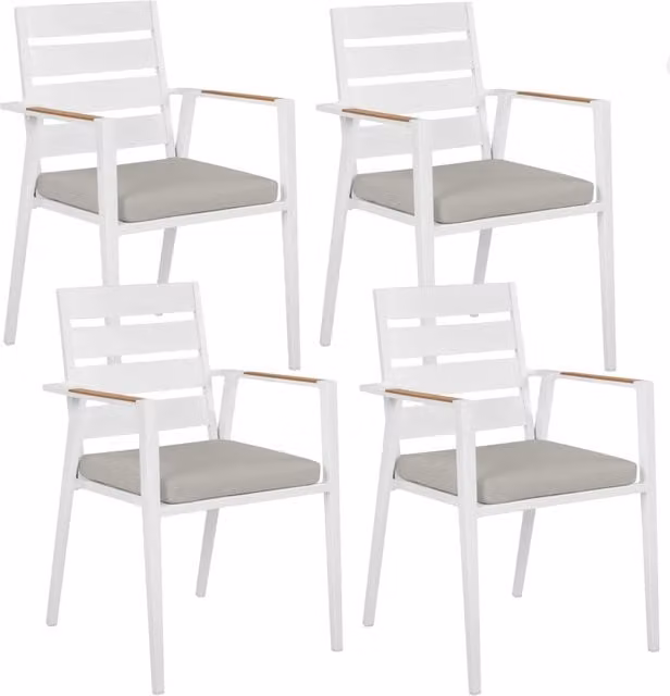Set di 4 sedie da giardino Beliani con struttura in alluminio bianco e cuscini grigi, design moderno e impilabile