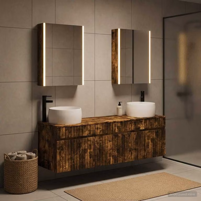 Set di mobili da bagno moderno vidaXL in legno ingegnerizzato color rovere fumo con illuminazione LED e specchio
