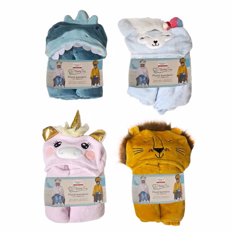 Plaid con cappuccio per bambini VESTIAMO CASA Linea Baby Cute in pile morbido con motivo animale