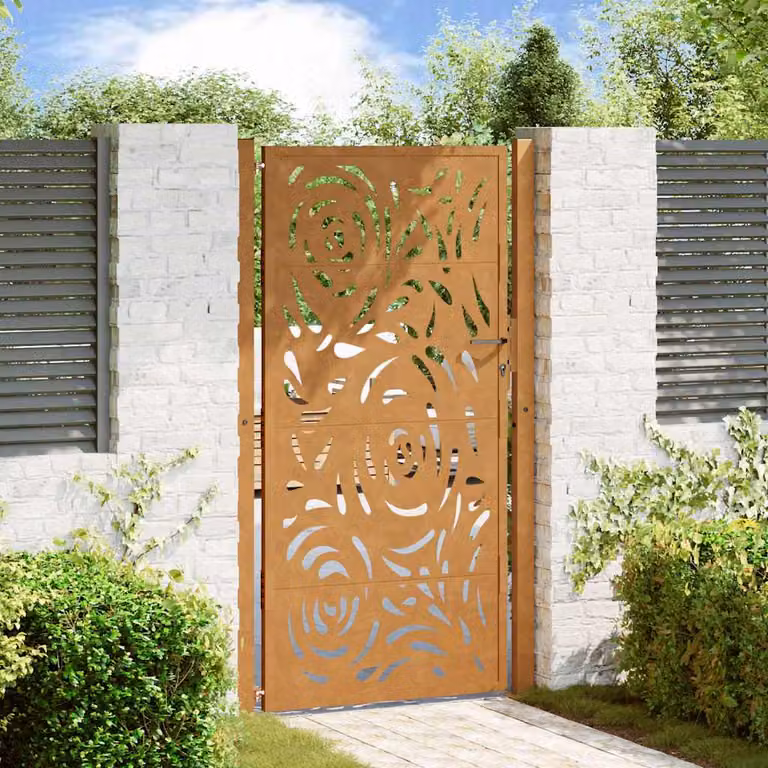 Cancello da giardino singolo vidaXL in acciaio color marrone con design a fiamma L: 205 cm, H: 110 cm