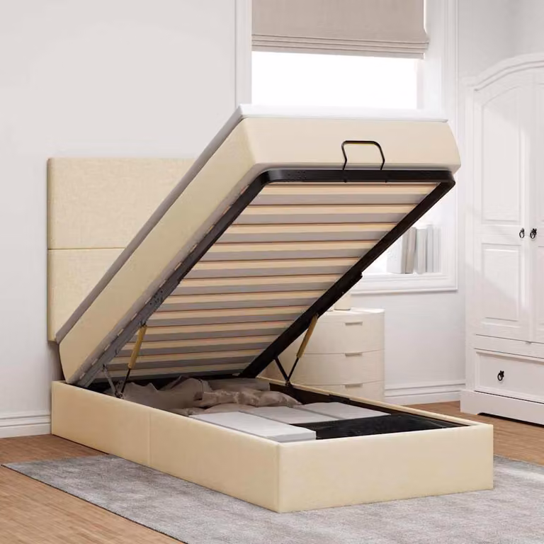 Letto moderno vidaXL con contenitore a sollevamento, materasso a molle e illuminazione sottostante, colore beige e bianco, L/P/H: 203 x 140 x 100 cm