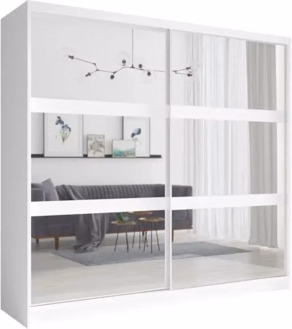 Armadio moderno Meublorama con 2 ante scorrevoli e specchio, bianco, L: 230 cm, H: 223 cm, P: 62 cm