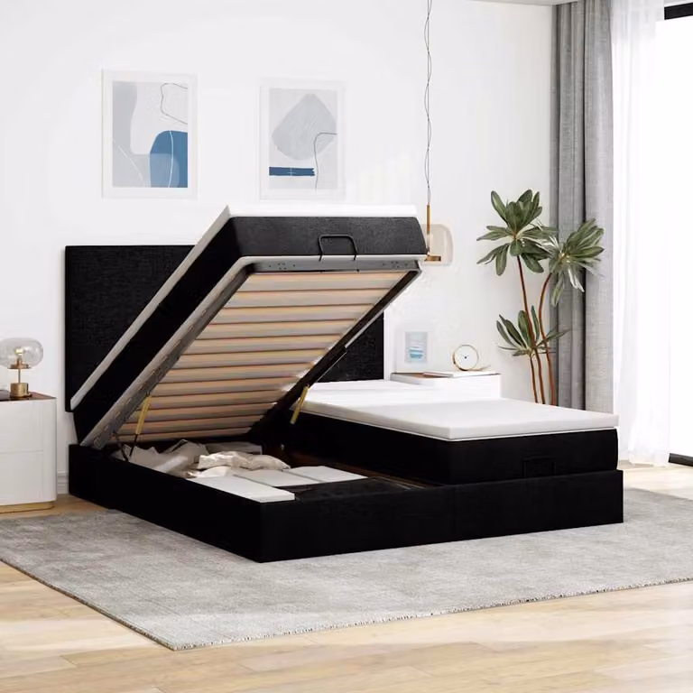 vidaXL Struttura Letto con Contenitore a Sollevamento e Materasso in Tessuto Nero L: 160 cm, P: 200 cm, H: 203 cm