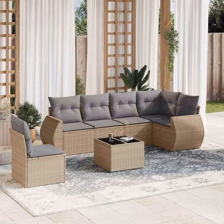 vidaXL Set Divani da Giardino 7 pz a Forma a L con Cuscini Beige e Grigio in Polyrattan e Acciaio