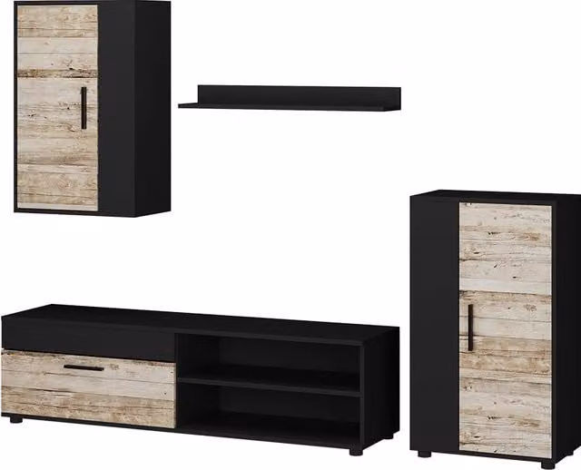 Parete attrezzata Vicco Berno in rovere sabbia e nero, set di 4 pezzi per soggiorno con lowboard, pensili e mensole aperte