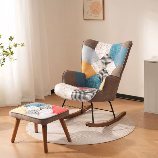 Sedia a dondolo Zephmum con poggiapiedi integrato, design moderno in tessuto multicolore e struttura in legno noce e metallo, L: 88.5 cm, P: 50 cm, H: 60.5 cm