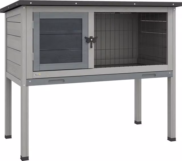 Conigliera da esterni PawHut in legno di abete con tetto apribile e vassoio estraibile, Grigio, L 84 cm x P 43 cm x H 70 cm