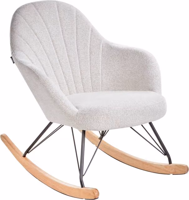 Sedia a dondolo Beliani in tessuto bianco con gambe in legno di gomma e metallo, design moderno per soggiorno o camera da letto