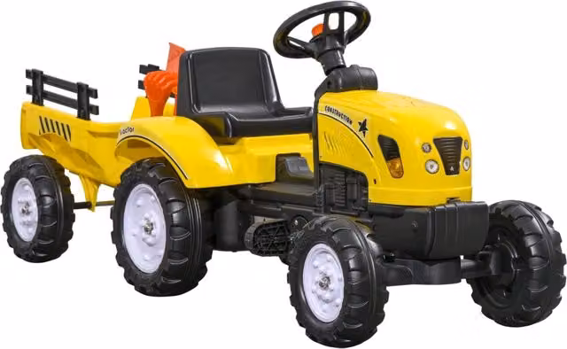 Trattore a pedali Zephmum per bambini con rimorchio e 2 attrezzi, colore giallo, L: 133 cm, P: 42 cm, H: 51 cm