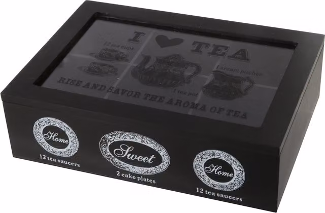 Scatola per tè I love tea con 6 scomparti in legno e vetro, colore nero