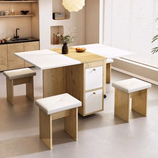 Set tavolo da pranzo OKWISH con 4 sedie pieghevoli multifunzione in truciolare bianco e rovere L: 120 cm, P: 80 cm, H: 75 cm