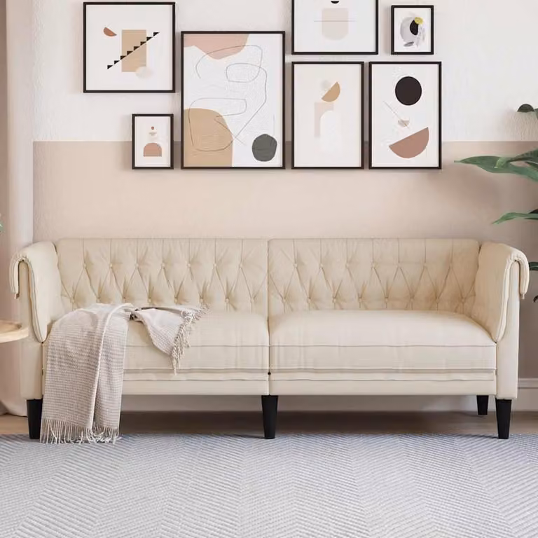 Divano Chesterfield a 3 Posti vidaXL in Tessuto Beige con Struttura in Legno Solido