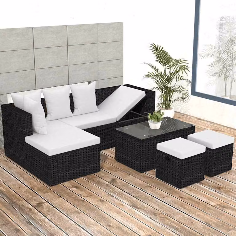 Set di divani da giardino vidaXL a forma di L con cuscini e tavolino, 4 pezzi, nero e bianco