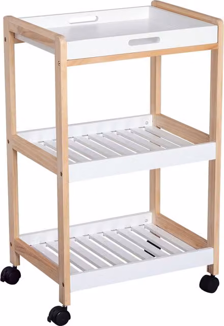 Carrello da servizio HOMCOM con 2 ripiani e piano removibile in legno di pino e MDF, colore bianco, design moderno con ruote