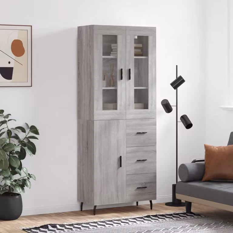 Credenza moderna vidaXL in legno multistrato e vetro, Grigio Sonoma, L: 69,5 cm, P: 34 cm, H: 180 cm