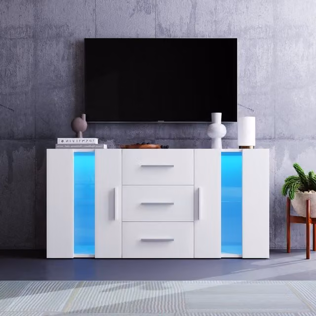Credenza Moderna Aosom Italy Bianca con LED Multicolore per Cucina o Soggiorno con 3 Cassetti e 2 Armadietti L/P/H: 140 x 35 x 70 cm