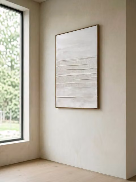 Quadro astratto minimalista Kenay Home in tela bianca e beige, L: 80 cm x H: 100 cm