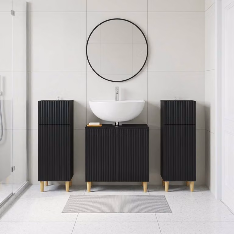 Set di mobili da bagno vidaXL ARNHEM in 3 pezzi, nero opaco, con mobile lavabo e armadietti laterali
