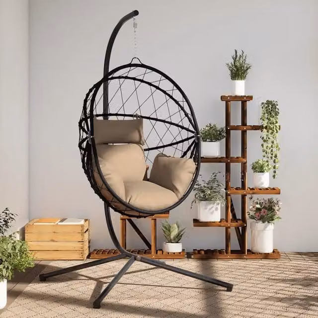 Sedia a Uovo Sospesa con Supporto vidaXL in Polyrattan e Accio Verniciato, Colore Antracite, Beige e Nero, con Cuscini Inclusi