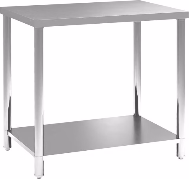 Scrivania da lavoro Xylo in acciaio inox con 2 ripiani, argento, L 90 cm x P 60 cm x H 86 cm