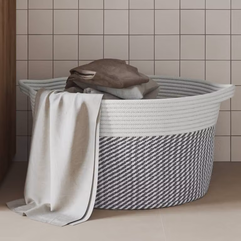 Cestino portaoggetti vidaXL in tessuto multicolore grigio e bianco con maniglie e trama aperta, Ø 40 x 25 cm