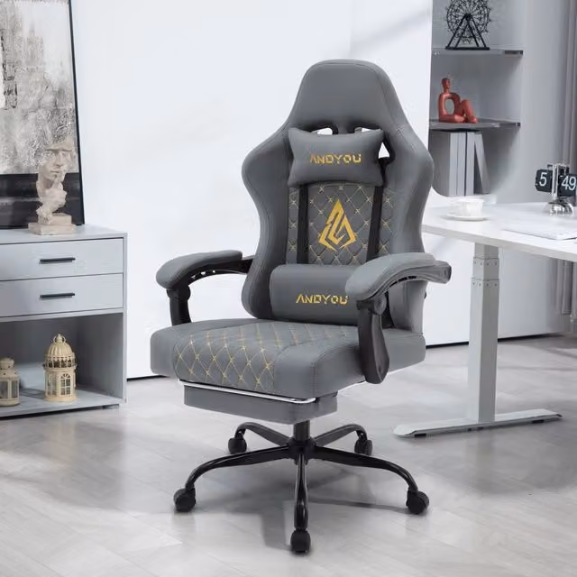 Sedia Gaming Ergonomica Zephmum in Finta Pelle Grigia con Poggiatesta e Braccioli