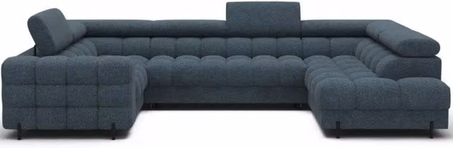 Divano panoramico convertibile FACTORY Meublorama blu con angolo destro, vano contenitore e funzione letto, L: 346 cm x P: 205 cm x H: 93 cm