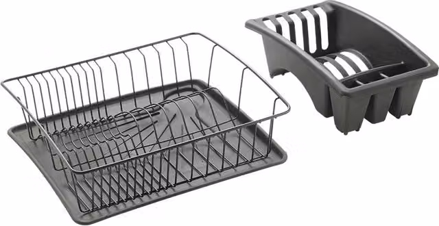 Scolapiatti Metaltex con bacinella e vaschetta in acciaio rivestito e plastica, grigio, L: 35 cm, P: 30 cm, H: 12 cm