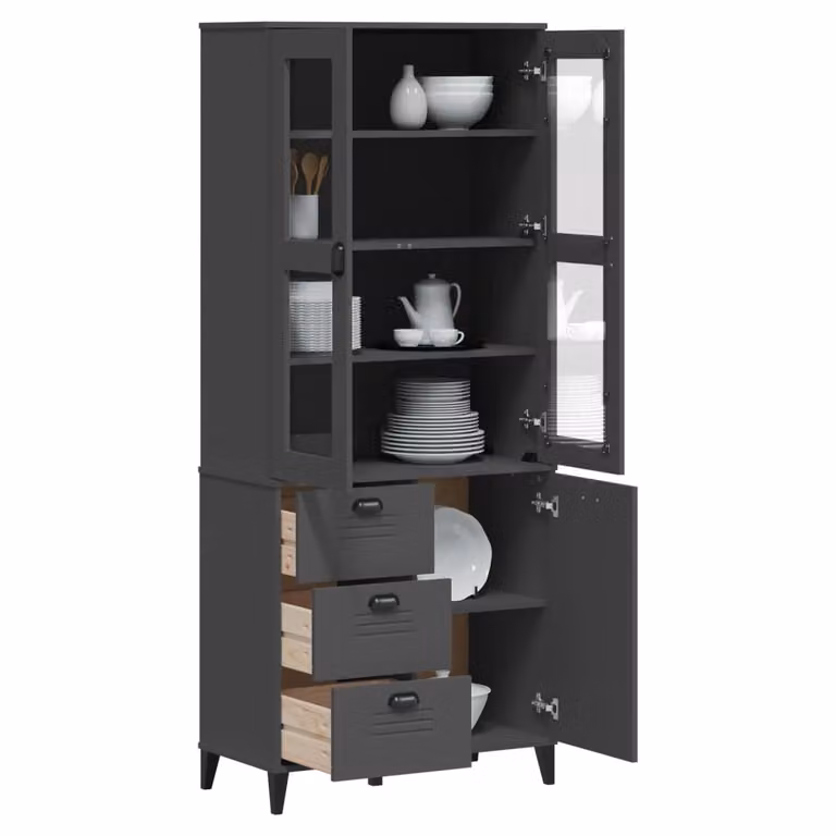 Credenza vidaXL VIKEN in legno di pino rustico, Grigio Antracite, con ante in vetro, L: 80 cm, P: 40 cm, H: 190 cm