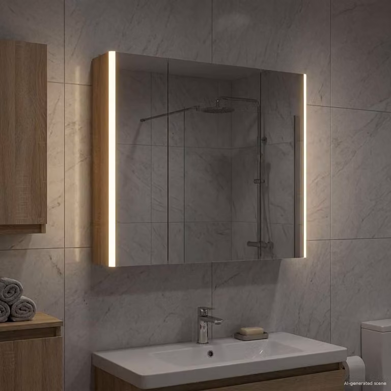 Mobiletto per specchio da bagno moderno vidaXL in Rovere Sonoma con illuminazione LED e ante in vetro, L: 83,5 cm, H: 70,0 cm, P: 18,3 cm