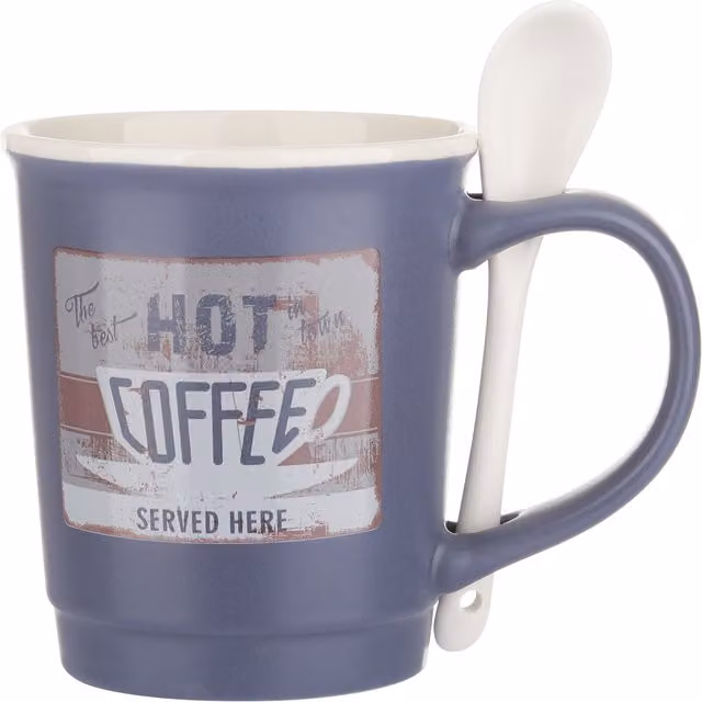 Mug da caffè KASANOVA in ceramica blu con cucchiaino, capacità 400 ml, lavabile in lavastoviglie e utilizzabile in microonde