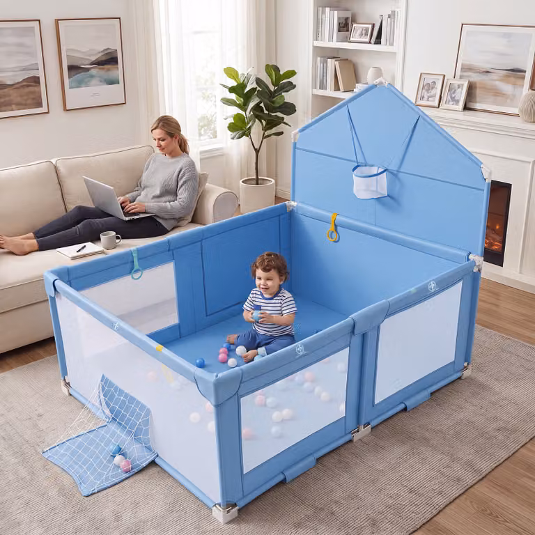 Costway Box pieghevole per bambini con canestro da basket e porta da calcio, recinto per neonati 0-3 anni con borsa per il trasporto, Blu