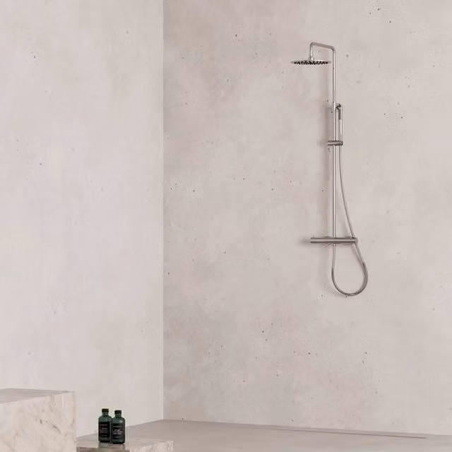 SINED Miscelatore Doccia Termostatico Levante in Acciaio Inox Satinato con Soffione da 25 cm e Doccino a Mano, Installazione a Parete