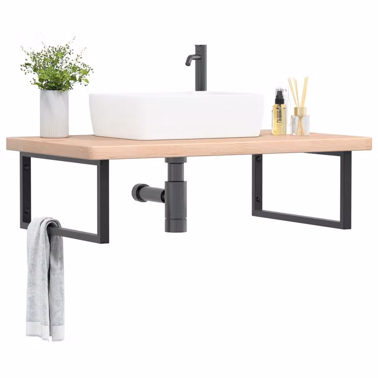 vidaXL Ripiano a Parete per Lavabo in Rovere e Metallo Nero e Marrone L: 100 cm, P: 25 cm, H: 60 cm