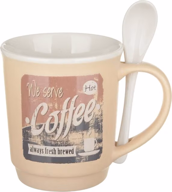 Tazza mug conica in porcellana KASANOVA con coperchio e cucchiaino, colore beige e bianco, 400 ml