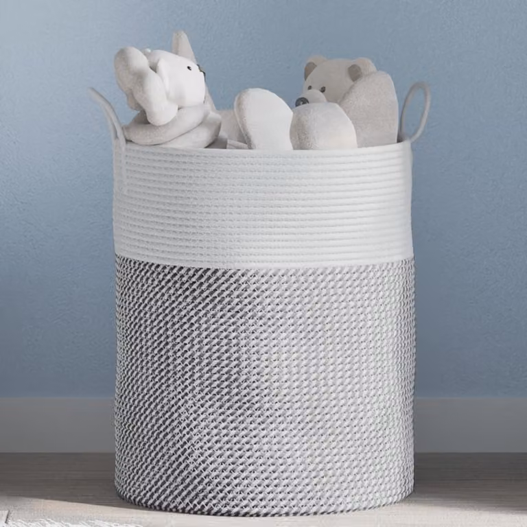 Cestino portaoggetti vidaXL in cotone multicolore grigio e bianco con maniglie e struttura pieghevole, Ø 38 x 46 cm