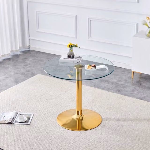 Tavolo da Pranzo Rotondo Minimal in Vetro Temperato Trasparente con Base in Metallo Oro e Bianco L: 85 cm, H: 76 cm