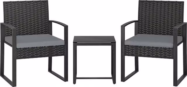 Set di mobili da giardino Outsunny in rattan sintetico grigio con tavolo in vetro e 2 sedie con cuscini removibili