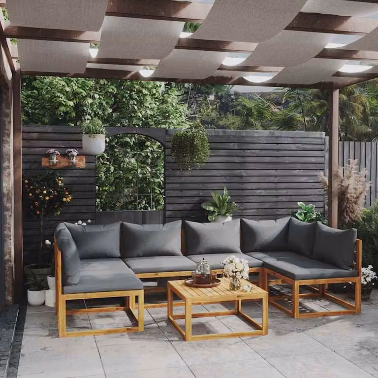 Set di divani da giardino vidaXL in legno massello di acacia con cuscini grigi 7 pezzi