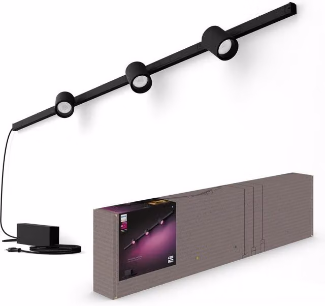 Set di binari Philips Hue con 3 faretti LED regolabili in metallo nero, luminosità 1530 LM