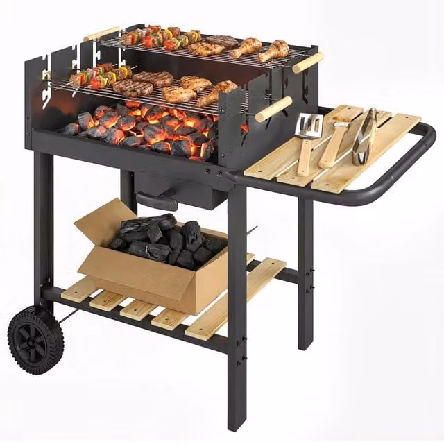 Barbecue a carbone XYLO nero con griglia regolabile a 4 altezze e ruote L: 99,5 cm, P: 58 cm, H: 82 cm