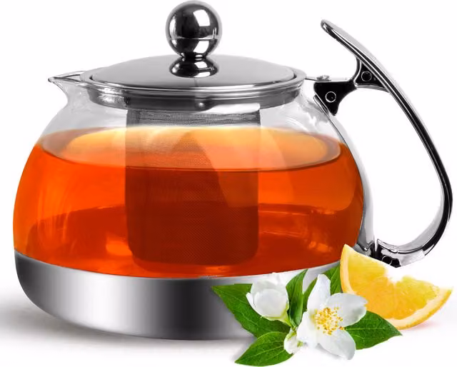 Teiera Deuba® in vetro e acciaio inossidabile color argento con filtro rimovibile e beccuccio antigoccia, capacità 1,2 l