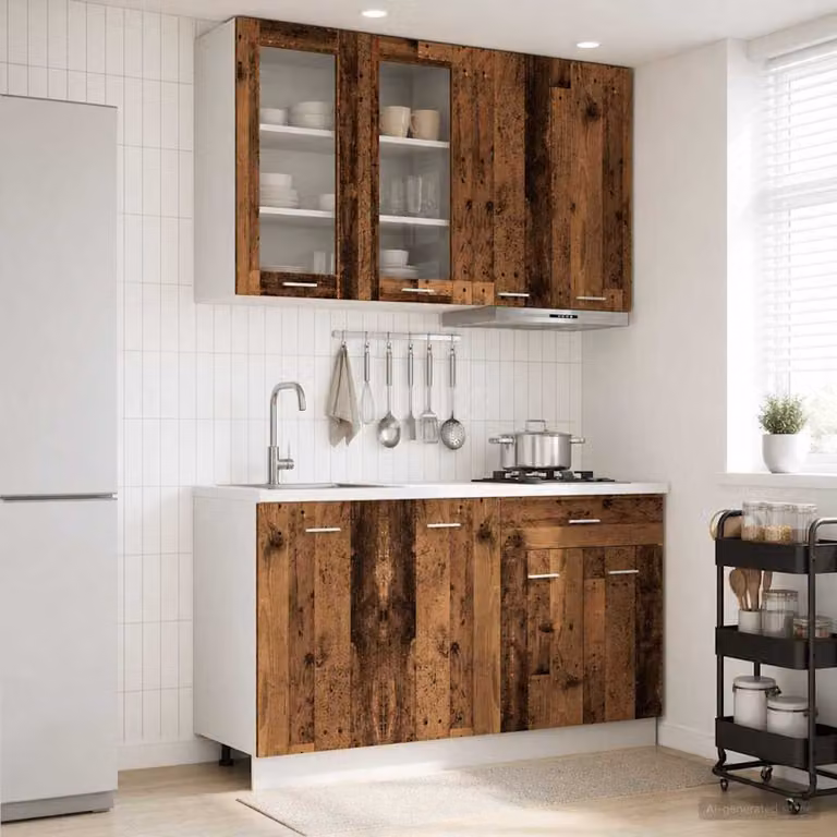 Unità cucina a parete vidaXL LYON in legno e MDF marrone con ante in vetro, set di 4 pezzi