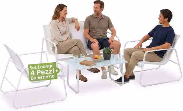 Set Lounge da Esterno Zendea 4 Pezzi Bianco con Struttura in Acciaio Verniciato e Seduta in Textilene