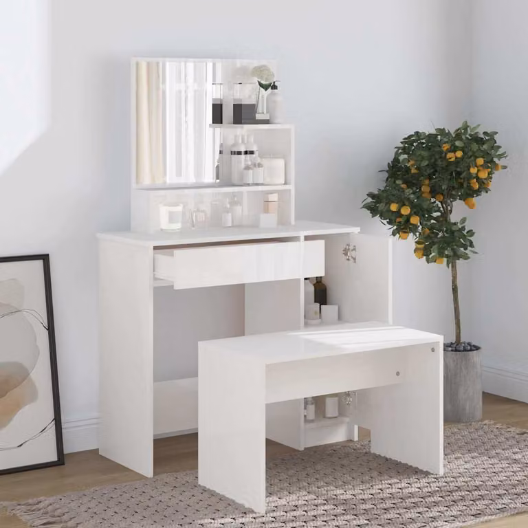 Set Tavolo da Toeletta vidaXL Bianco Lucido L: 86,5 cm, P: 35 cm, H: 136 cm