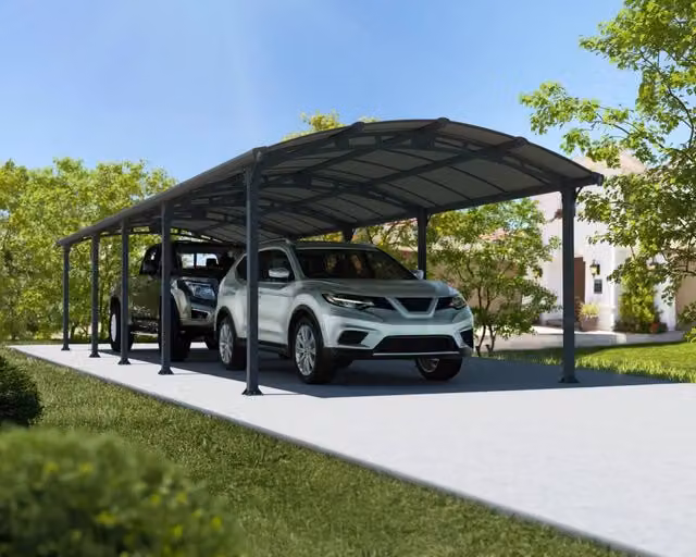 Carport Arcadia CANOPIA in alluminio e policarbonato grigio con grondaia, design curvo, L: 11 m x P: 3,6 m